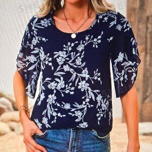 SHEIN LUNE Floral Print Petal Sleeve Blouse - Like new!